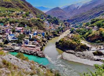 Panoramic view of the confluence where the Alaknanda and Bhagirathi rivers meet